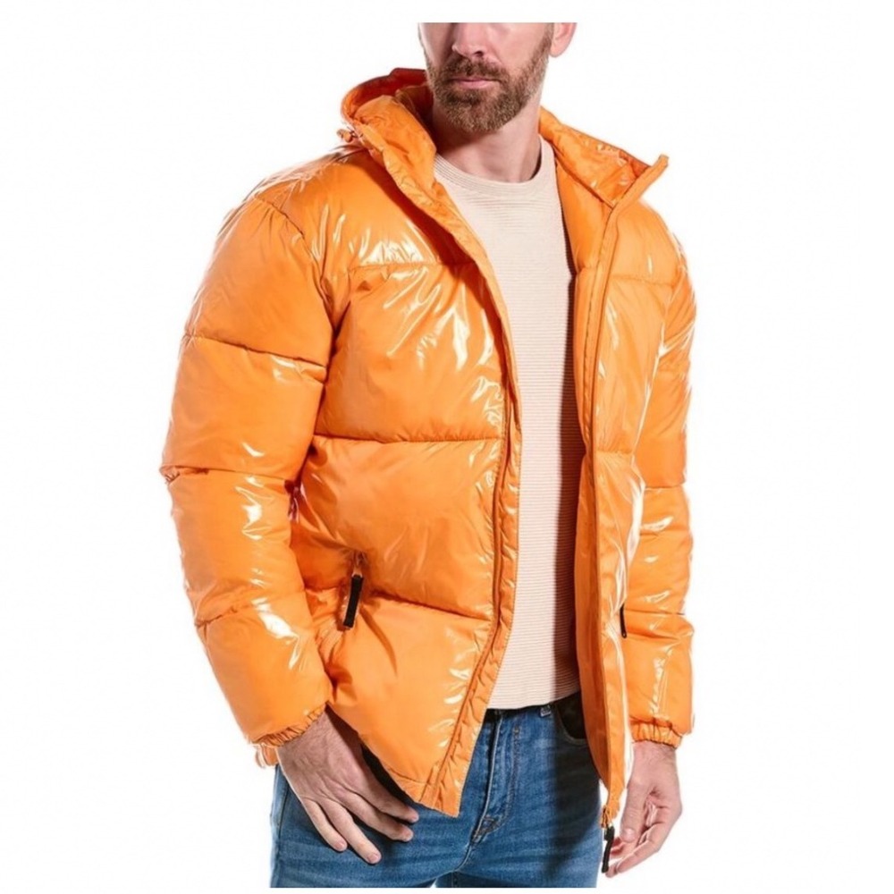 WeSC Mens Shiny Puffer Jacket Orange Hooded Quilted Glossy Parka XS Sweden